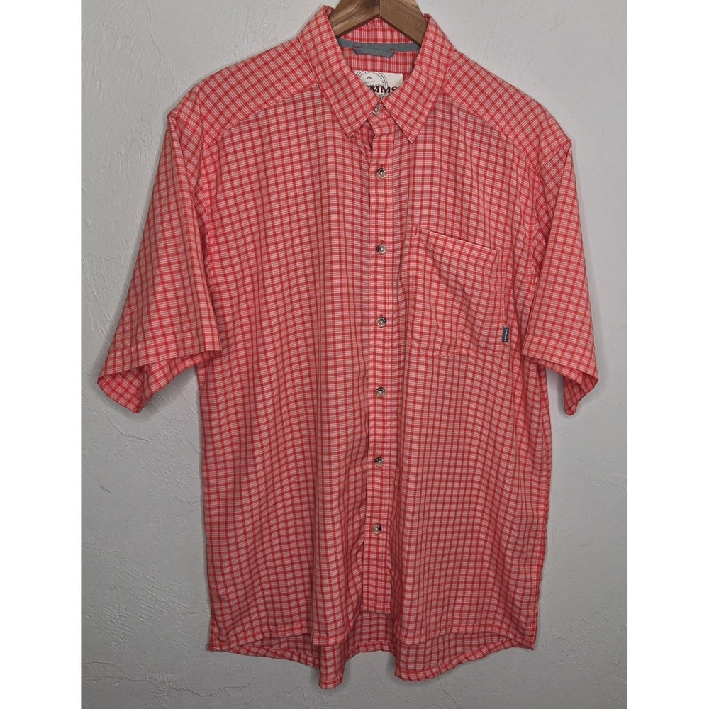 Simms Short Sleeve Button Up Shirt Orange Plaid Lightweight Fishing Mens Large